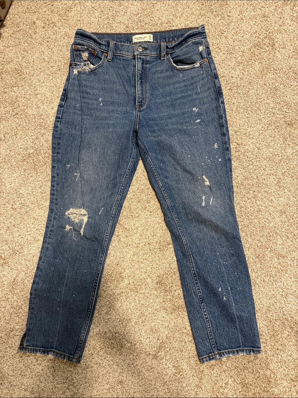 Women’s Abercrombie and Fitch high-rise Mom jeans, Distressed Blue Denim Jeans